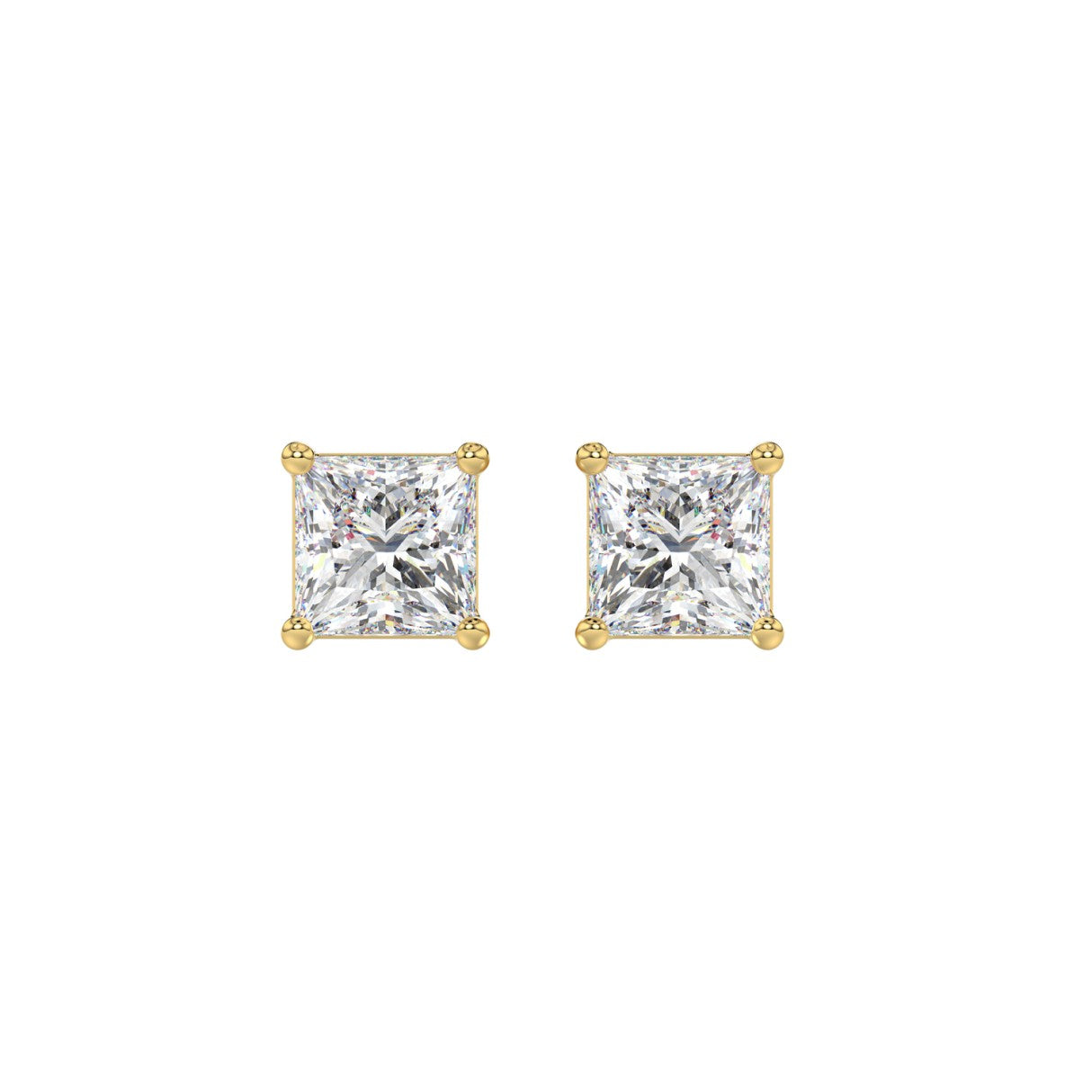 Lab Diamond 4-Prong Princess Stud Earring - 2ct - 14K Yellow Gold