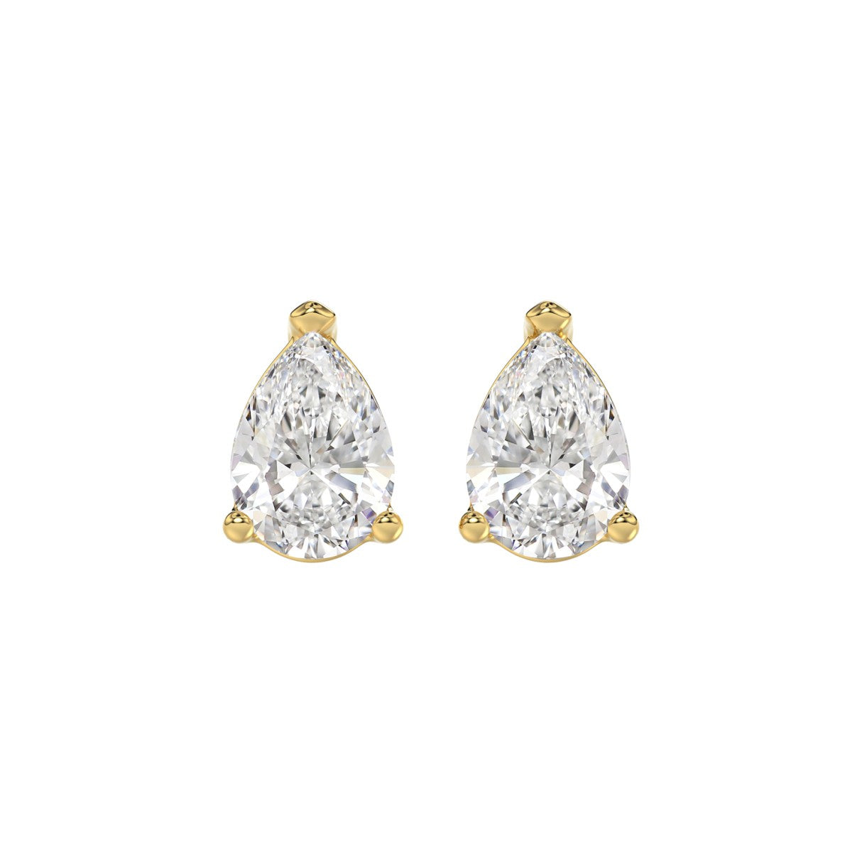 Lab Diamond 3-Prong Pear Stud Earring - 3ct - 14K Yellow Gold