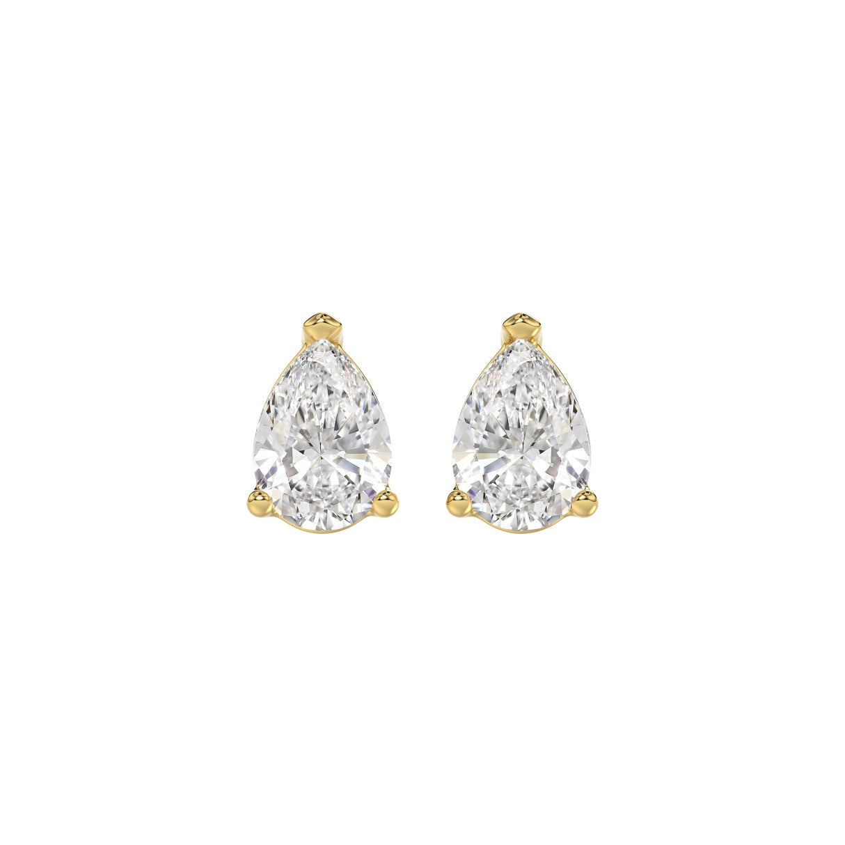 Lab Diamond 3-Prong Pear Stud Earring - 2ct - 14K Yellow Gold
