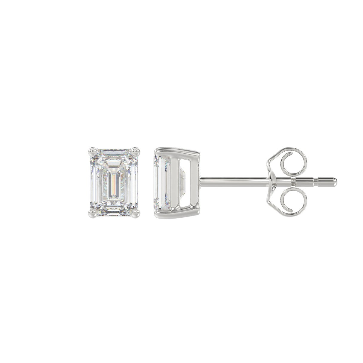 Lab Diamond 4-Prong Emerald Cut Stud Earring - 1ct - 14K White Gold