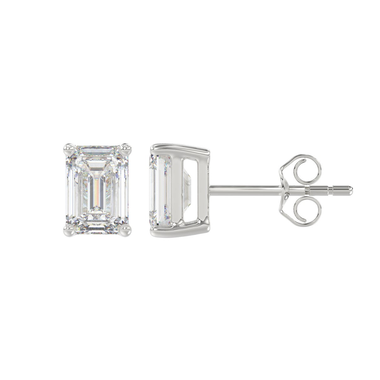 Lab Diamond 4-Prong Emerald Cut Stud Earring - 2ct - 14K White Gold