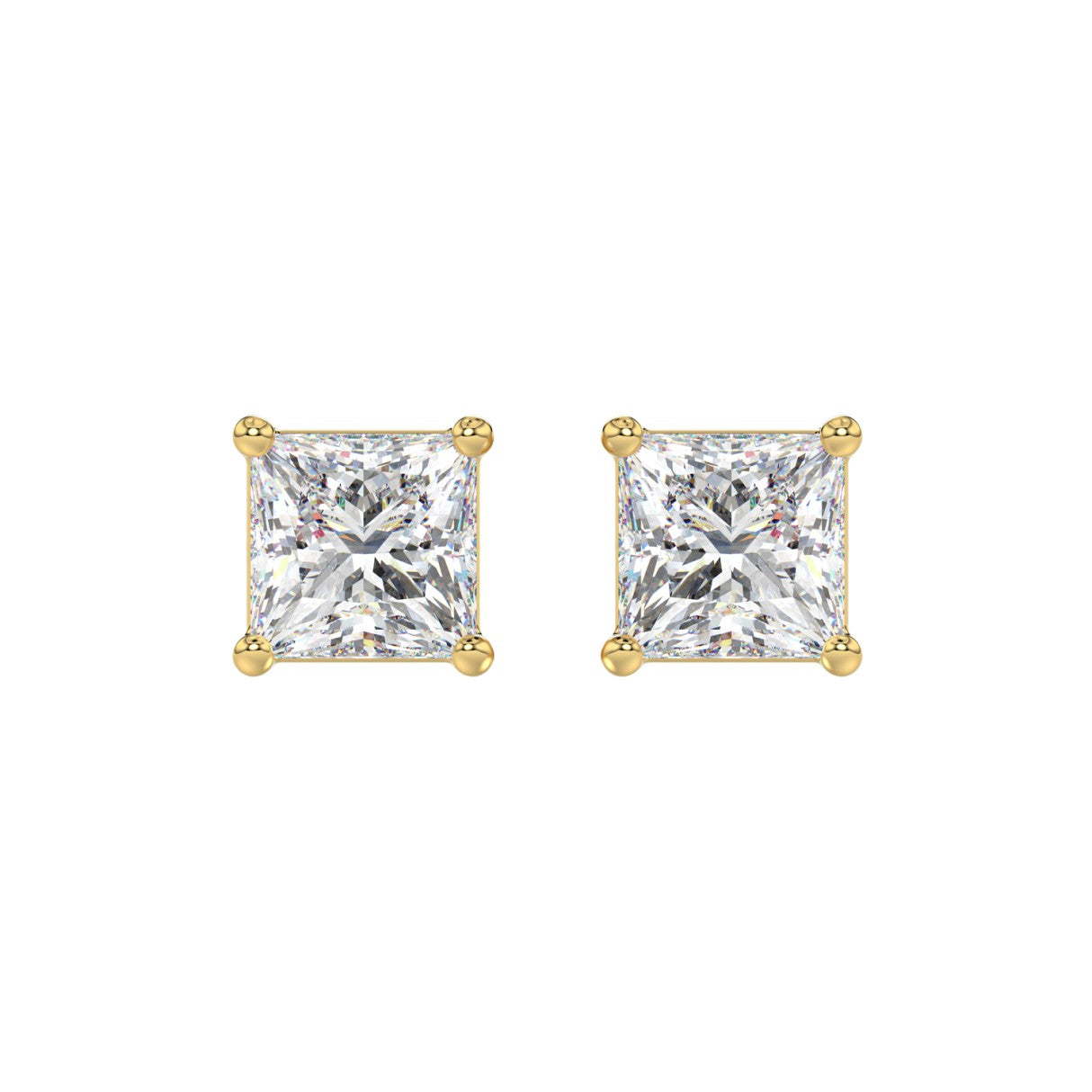 Lab Diamond 4-Prong Princess Stud Earring - 4ct - 14K Yellow Gold