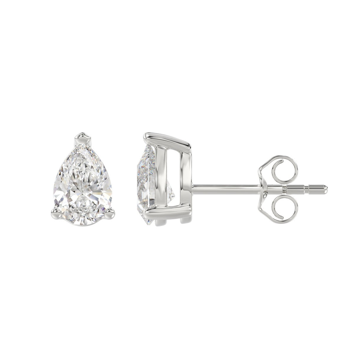 Lab Diamond 3-Prong Pear Stud Earring - 2ct - 14K White Gold