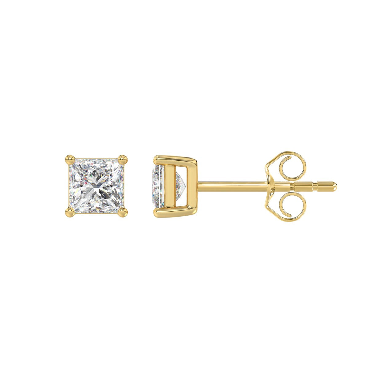 Lab Diamond 4-Prong Princess Stud Earring - 1ct - 14K Yellow Gold