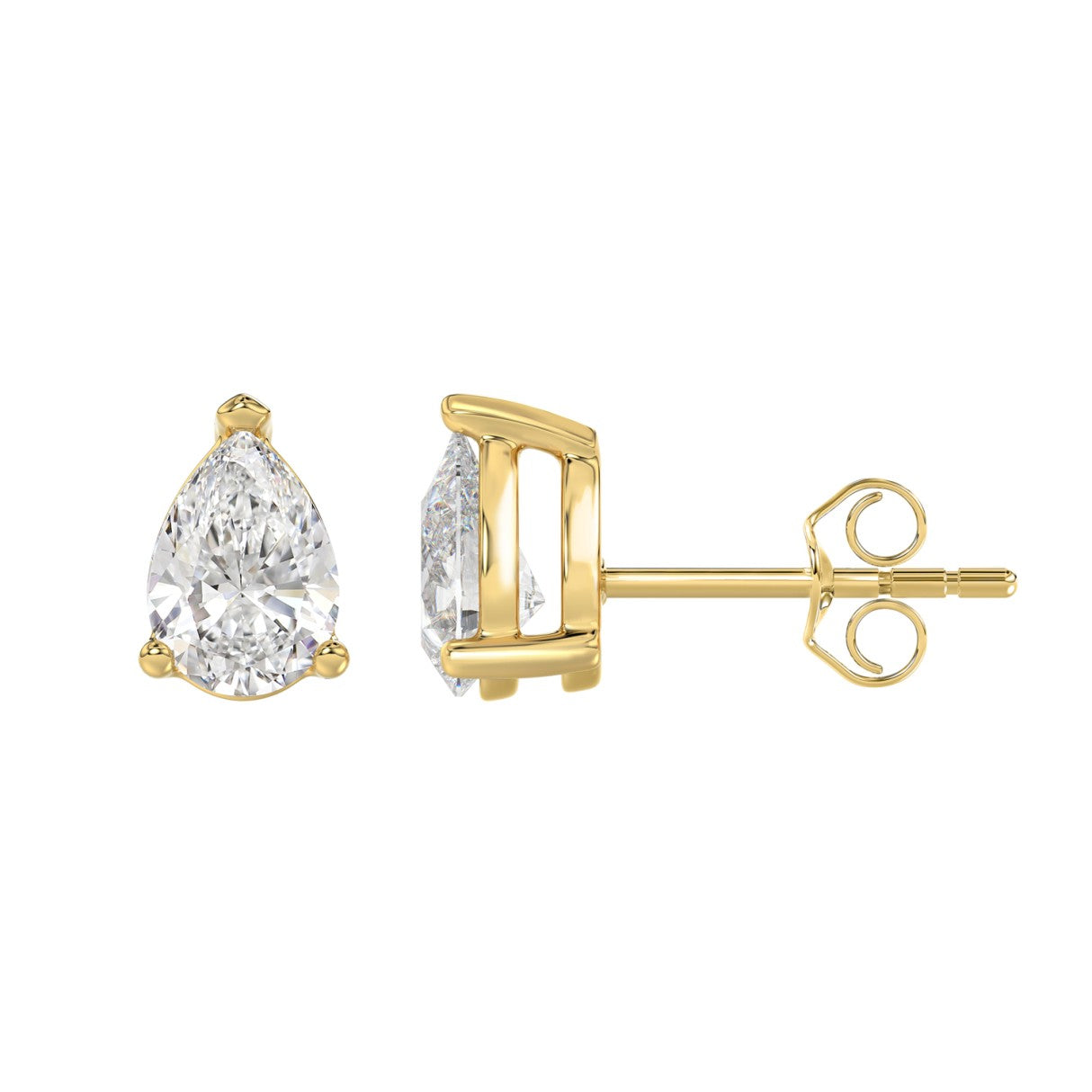 Lab Diamond 3-Prong Pear Stud Earring - 2.5ct - 14K Yellow Gold