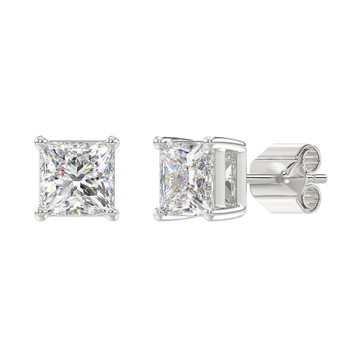 Lab Diamond 4-Prong Princess Stud Earring - 4ct - 14K White Gold