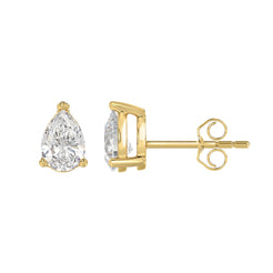 Lab Diamond 3-Prong Pear Stud Earring - 2ct - 14K Yellow Gold