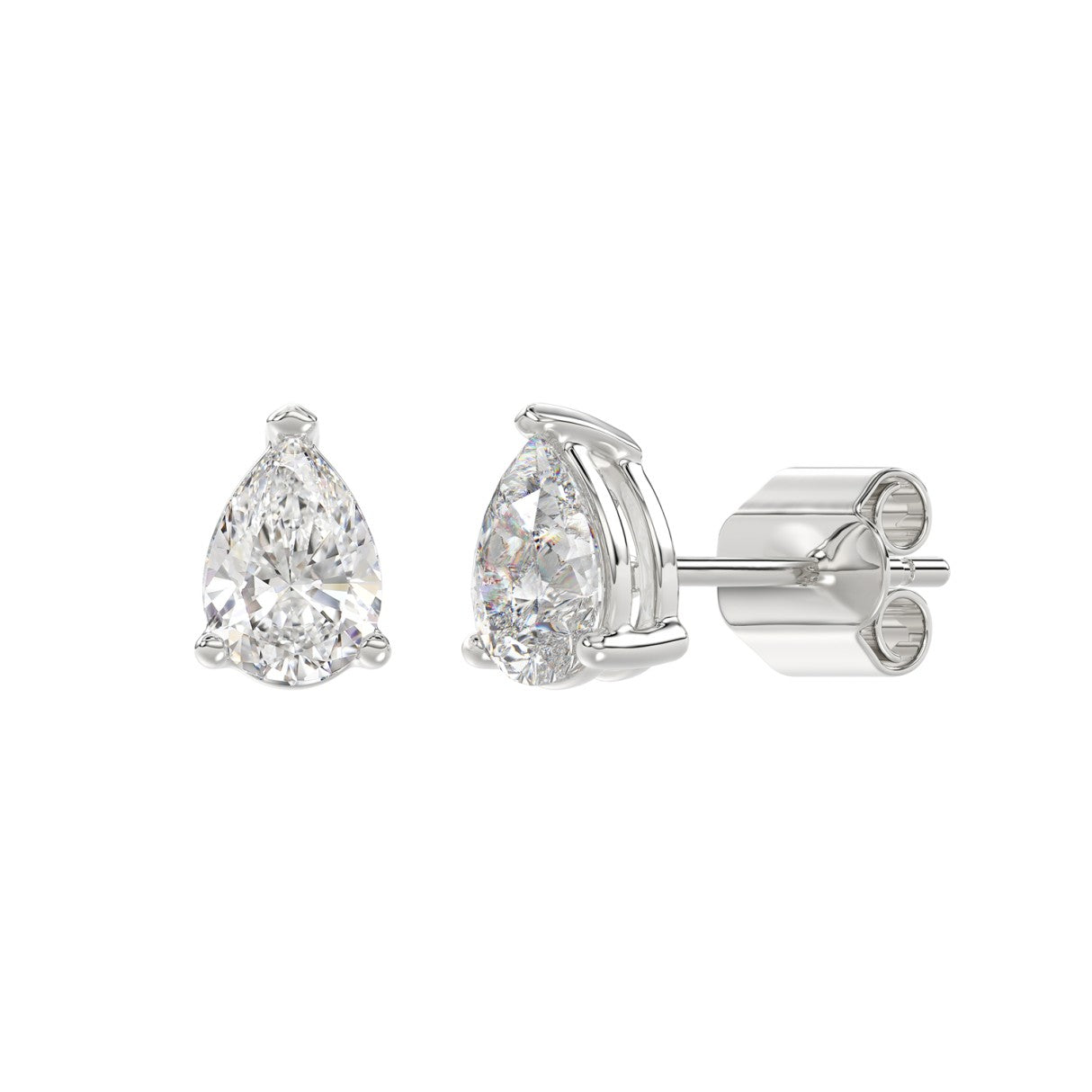 Lab Diamond 3-Prong Pear Stud Earring - 2ct - 14K White Gold