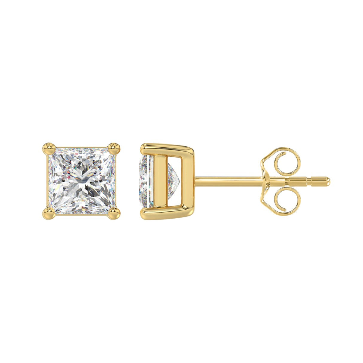 Lab Diamond 4-Prong Princess Stud Earring - 2.5ct - 14K Yellow Gold