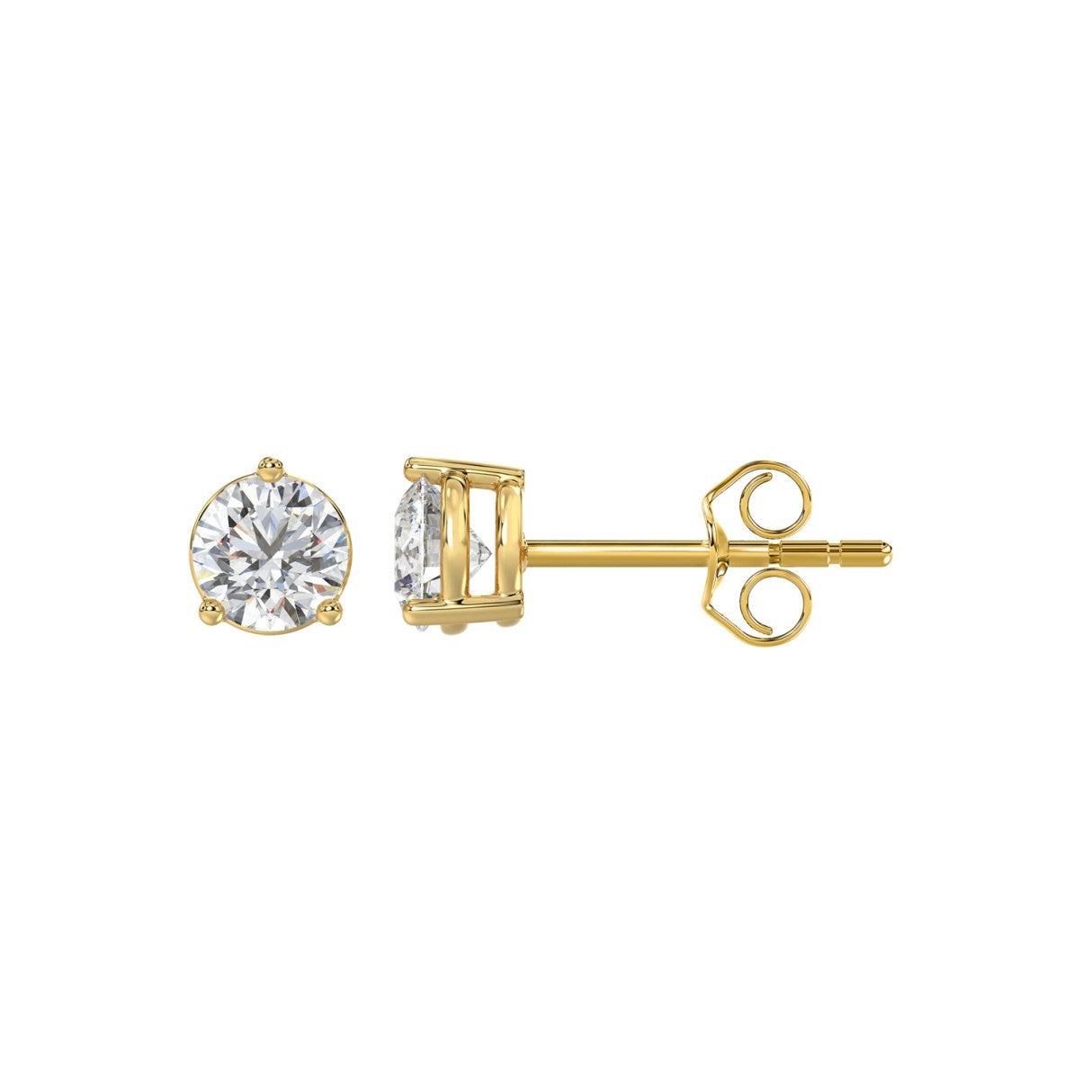 3 Prong Basket Pushback Stud Earrings - 1ct - 14K Yellow Gold