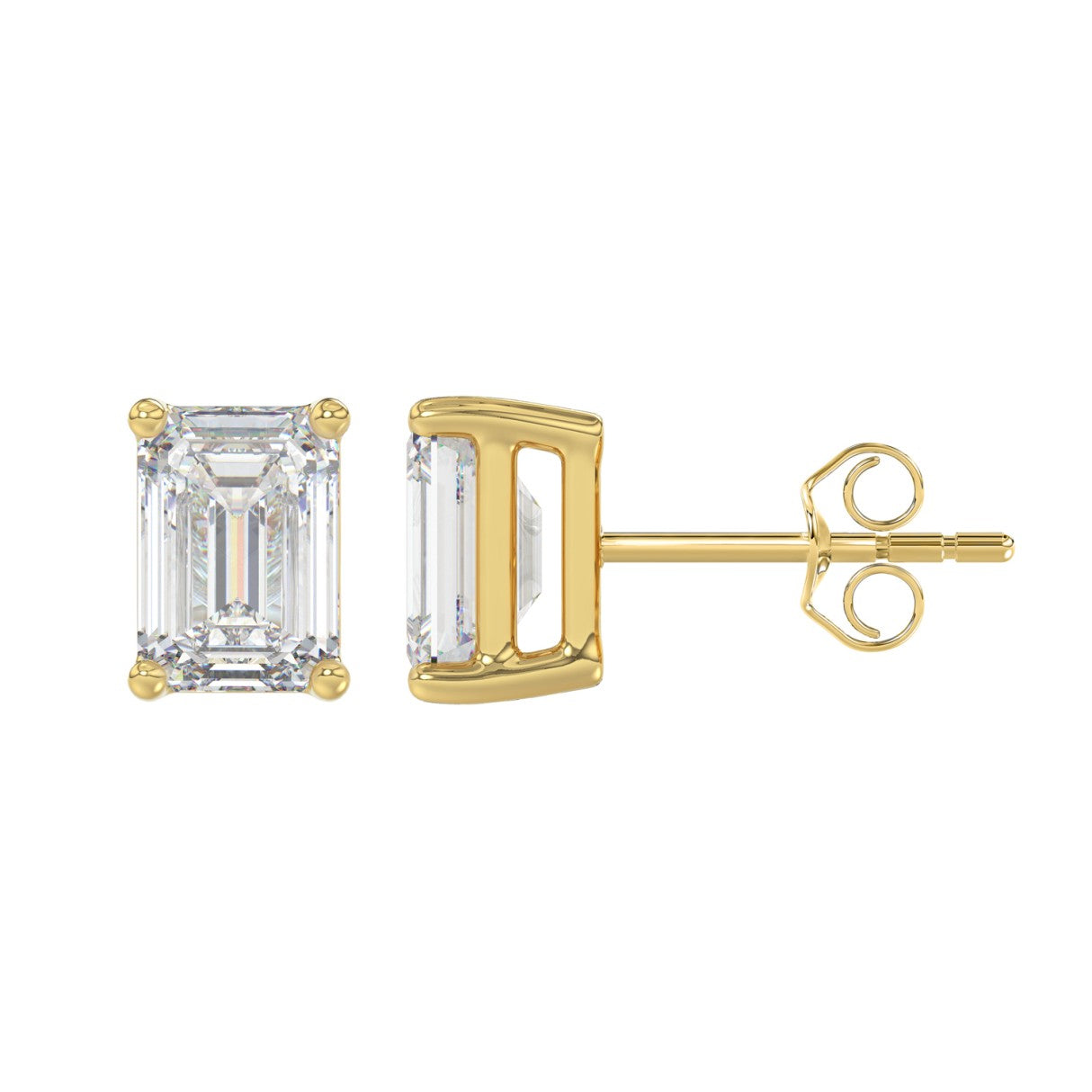 Lab Diamond 4-Prong Emerald Cut Stud Earring - 4ct - 14K Yellow Gold