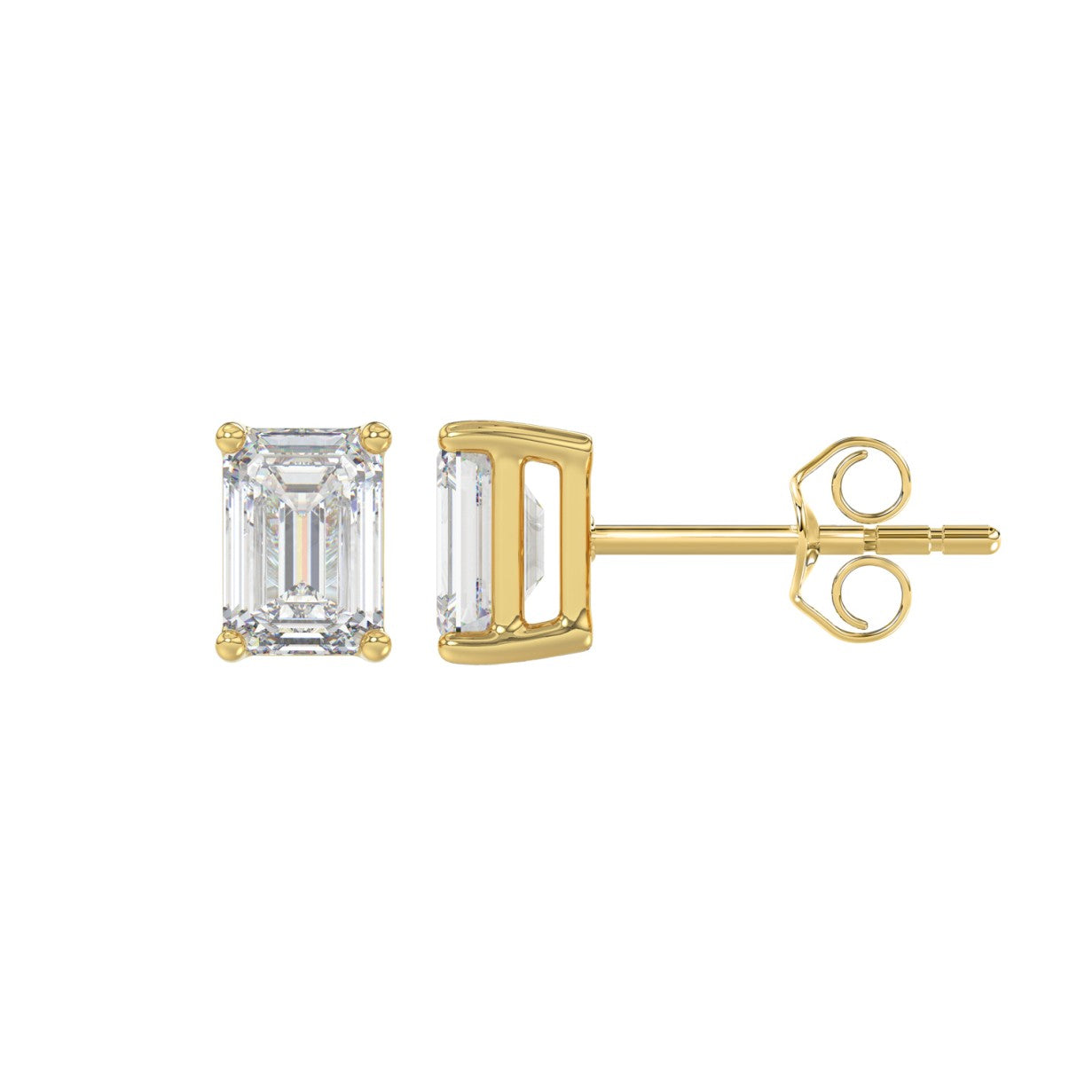 Lab Diamond 4-Prong Emerald Cut Stud Earring - 1.5ct - 14K Yellow Gold