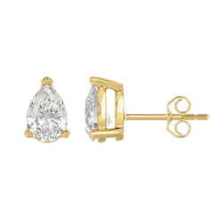 Lab Diamond 3-Prong Pear Stud Earring - 3ct - 14K Yellow Gold