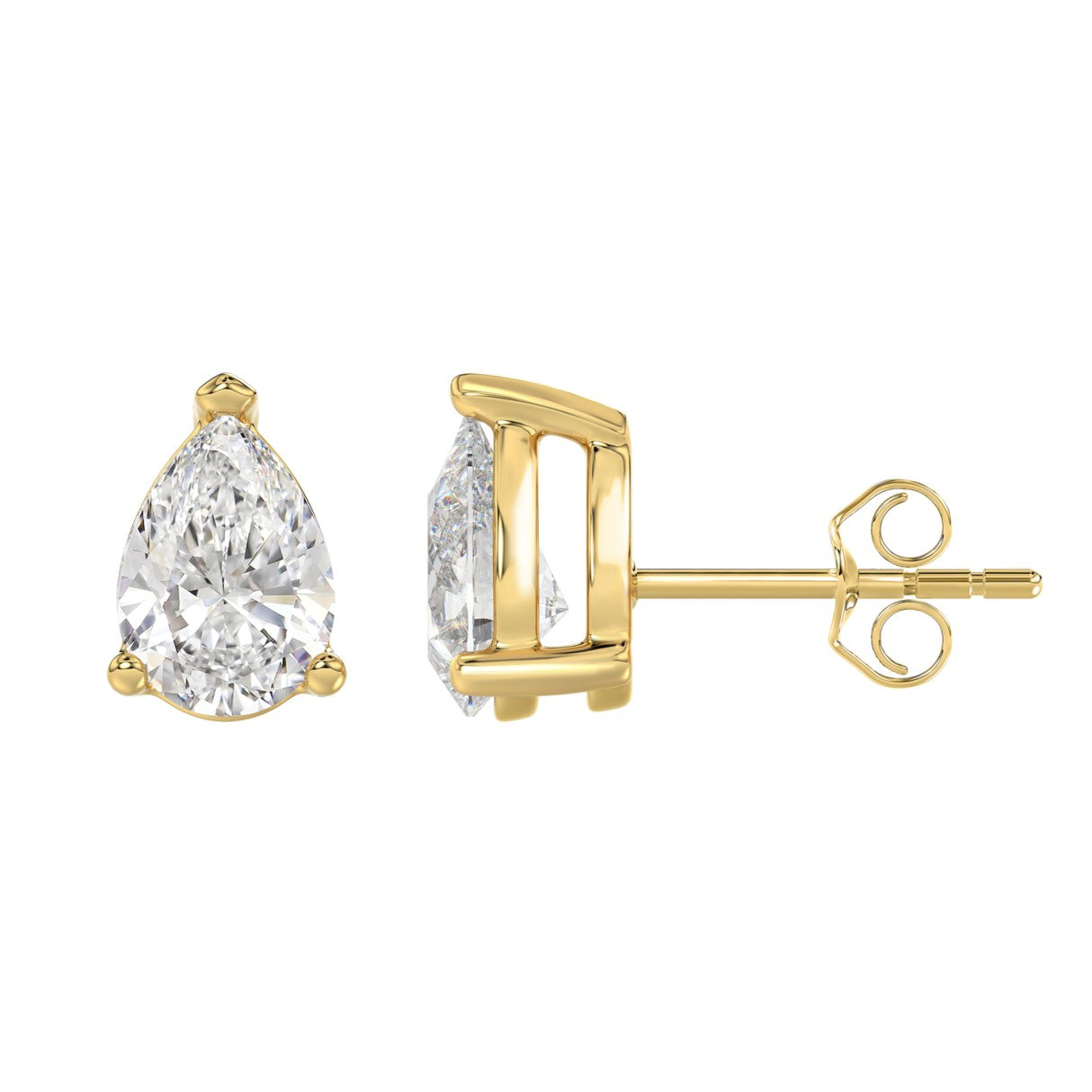 Lab Diamond 3-Prong Pear Stud Earring - 4ct - 14K Yellow Gold
