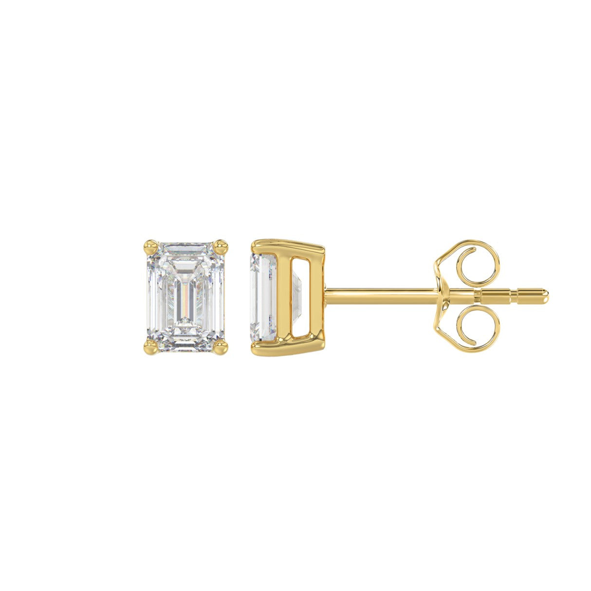Lab Diamond 4-Prong Emerald Cut Stud Earring - 1ct - 14K Yellow Gold