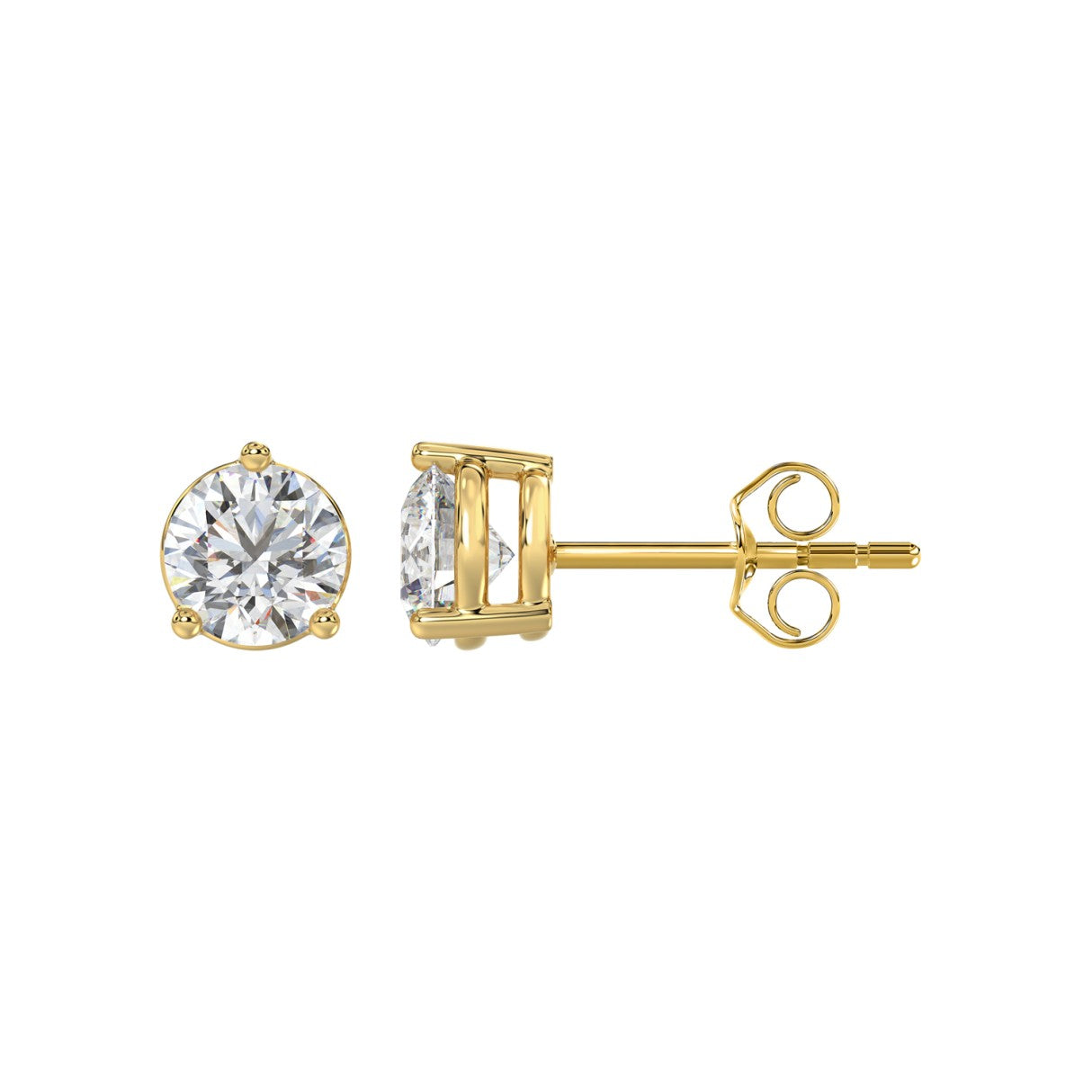 3 Prong Basket Pushback Stud Earrings - 2ct - 14K Yellow Gold