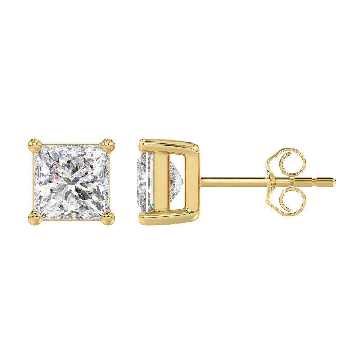 Lab Diamond 4-Prong Princess Stud Earring - 4ct - 14K Yellow Gold