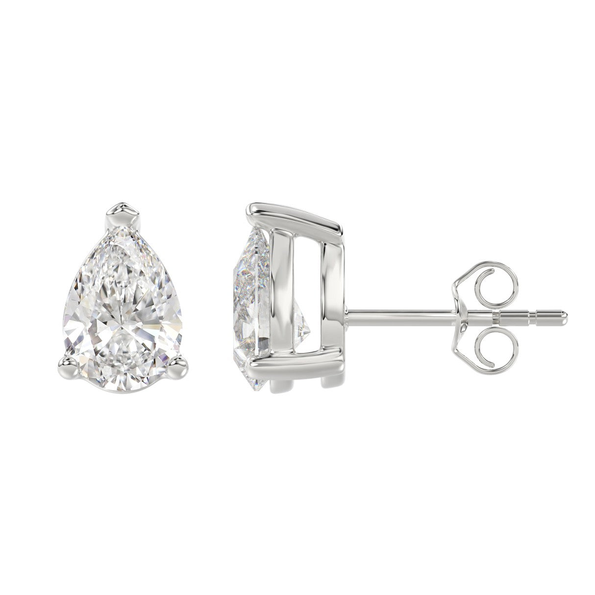 Lab Diamond 3-Prong Pear Stud Earring - 4ct - 14K White Gold