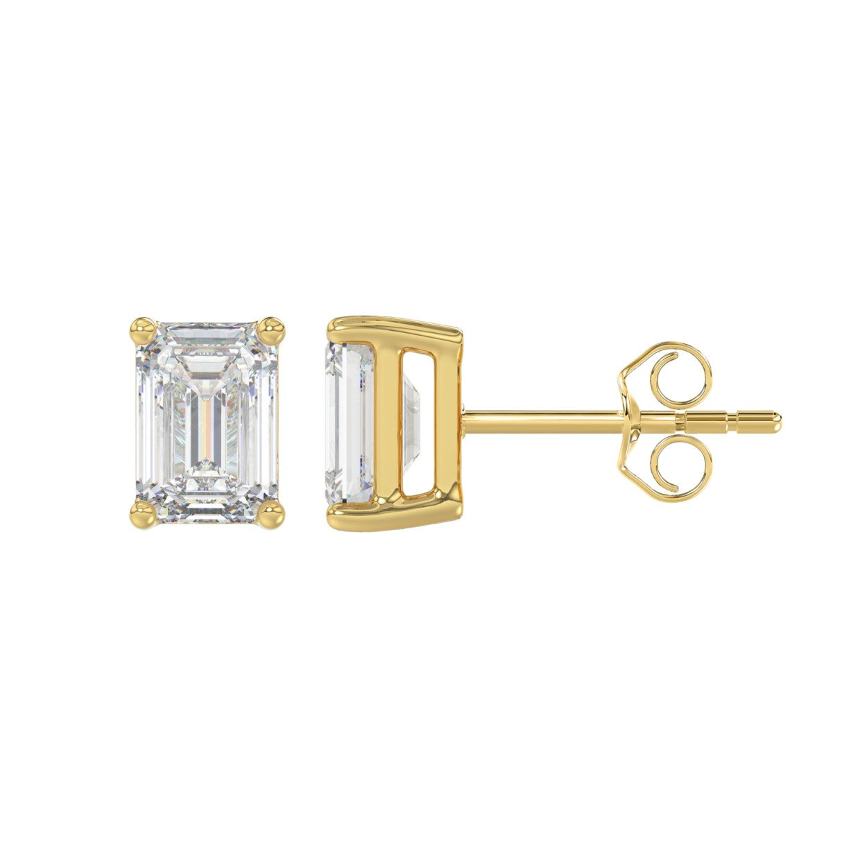 Lab Diamond 4-Prong Emerald Cut Stud Earring - 2.5ct - 14K Yellow Gold