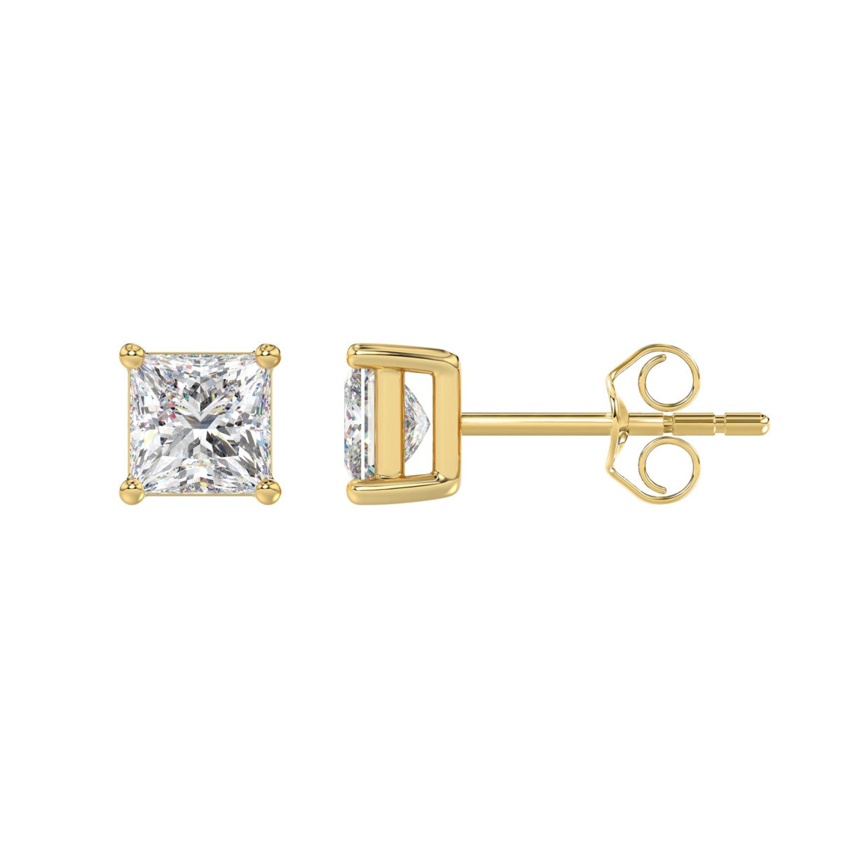 Lab Diamond 4-Prong Princess Stud Earring - 2ct - 14K Yellow Gold