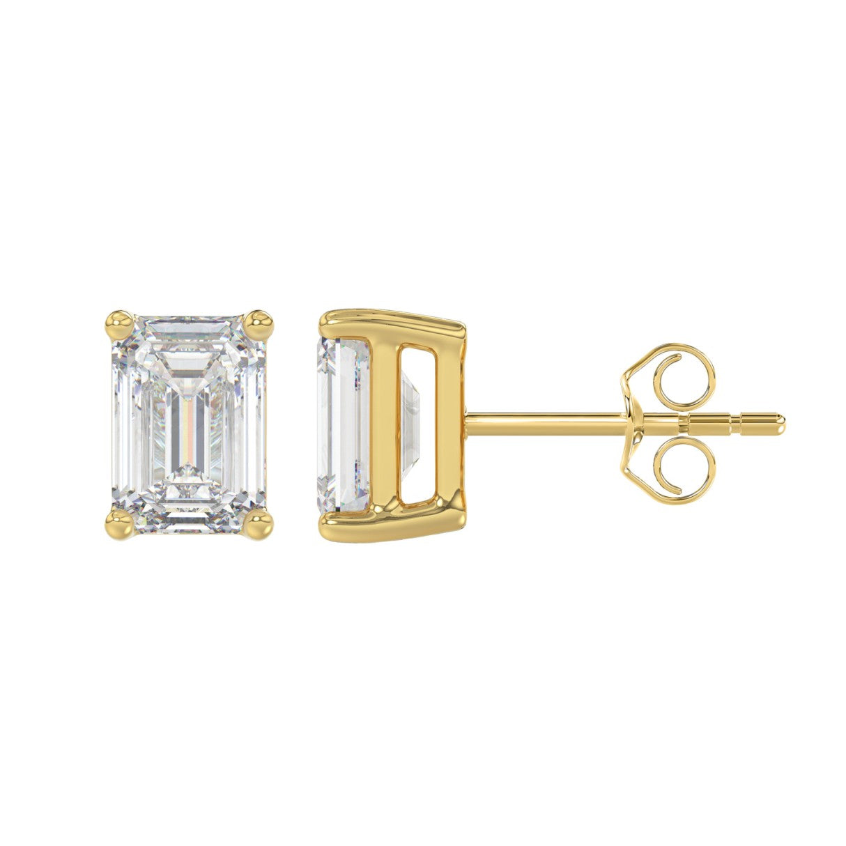 Lab Diamond 4-Prong Emerald Cut Stud Earring - 3ct - 14K Yellow Gold