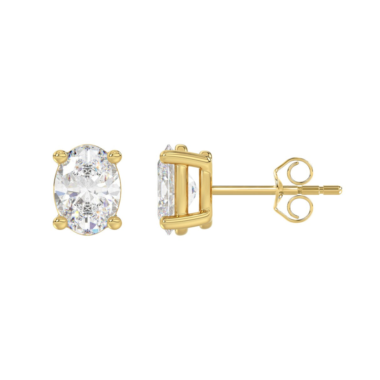Lab Diamond 4-Prong Oval Stud Earring - 2.5ct - 14K Yellow Gold