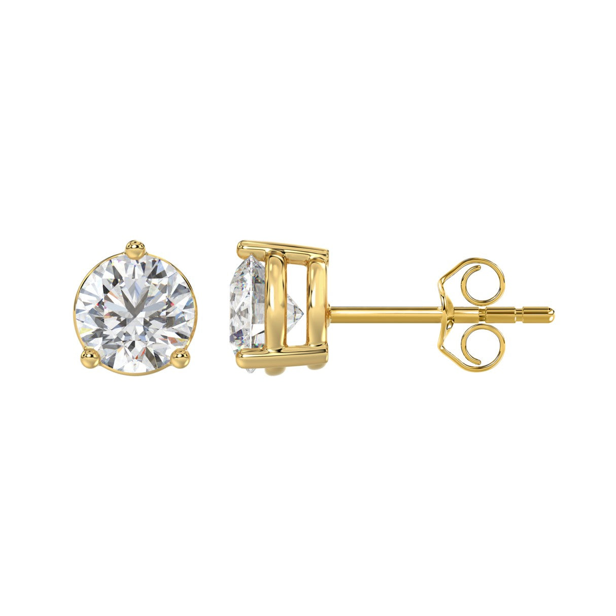 3 Prong Basket Pushback Stud Earrings - 3ct - 14K Yellow Gold