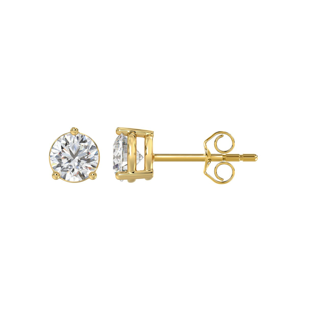 3 Prong Basket Pushback Stud Earrings - 1.5ct - 14K Yellow Gold