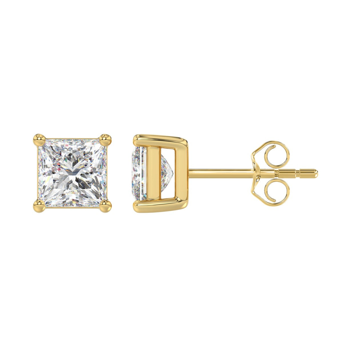 Lab Diamond 4-Prong Princess Stud Earring - 3ct - 14K Yellow Gold