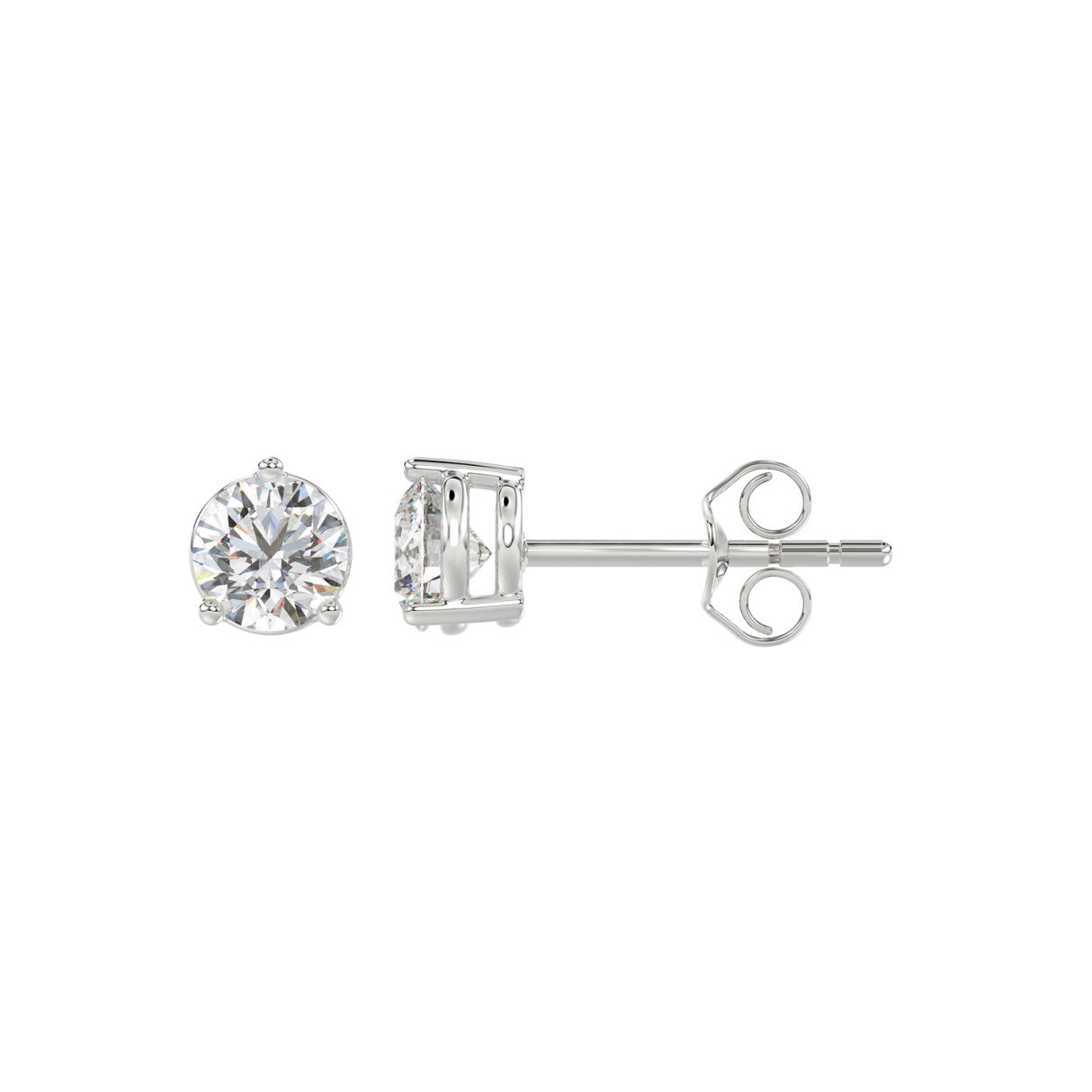 3 Prong Basket Pushback Stud Earrings - 1ct - 14K White Gold