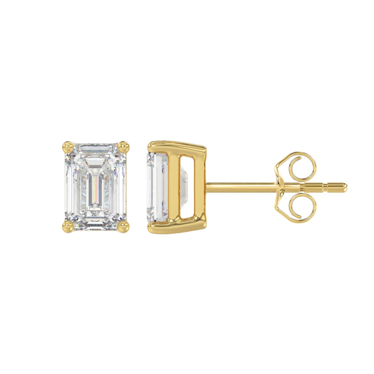 Lab Diamond 4-Prong Emerald Cut Stud Earring - 2ct - 14K Yellow Gold