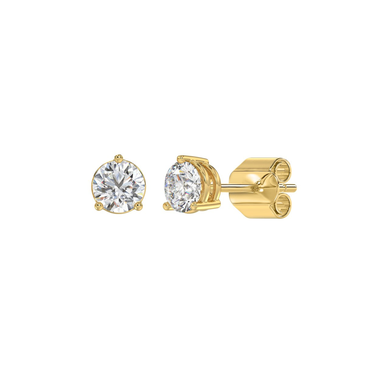 3 Prong Basket Pushback Stud Earrings - 1ct - 14K Yellow Gold