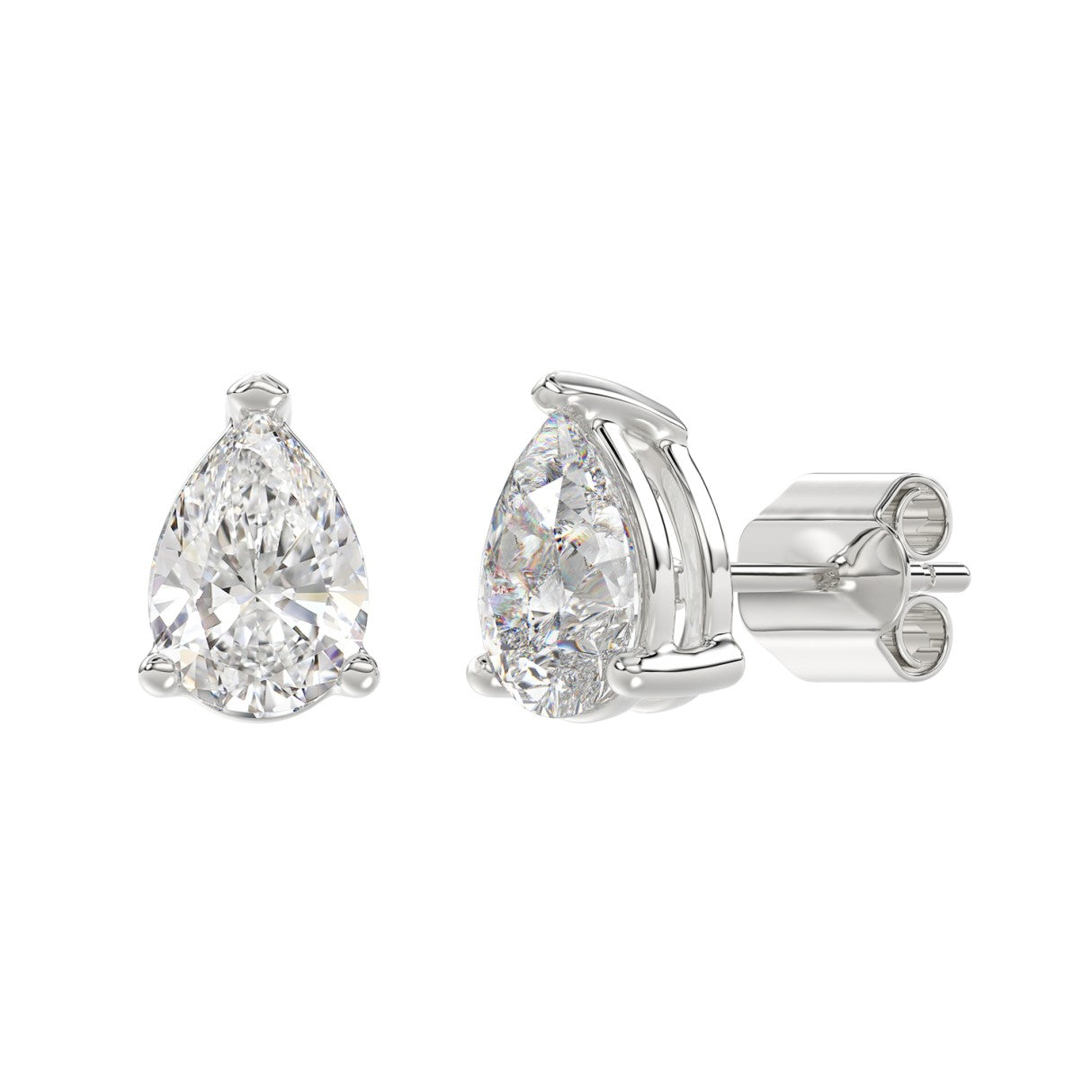 Lab Diamond 3-Prong Pear Stud Earring - 4ct - 14K White Gold