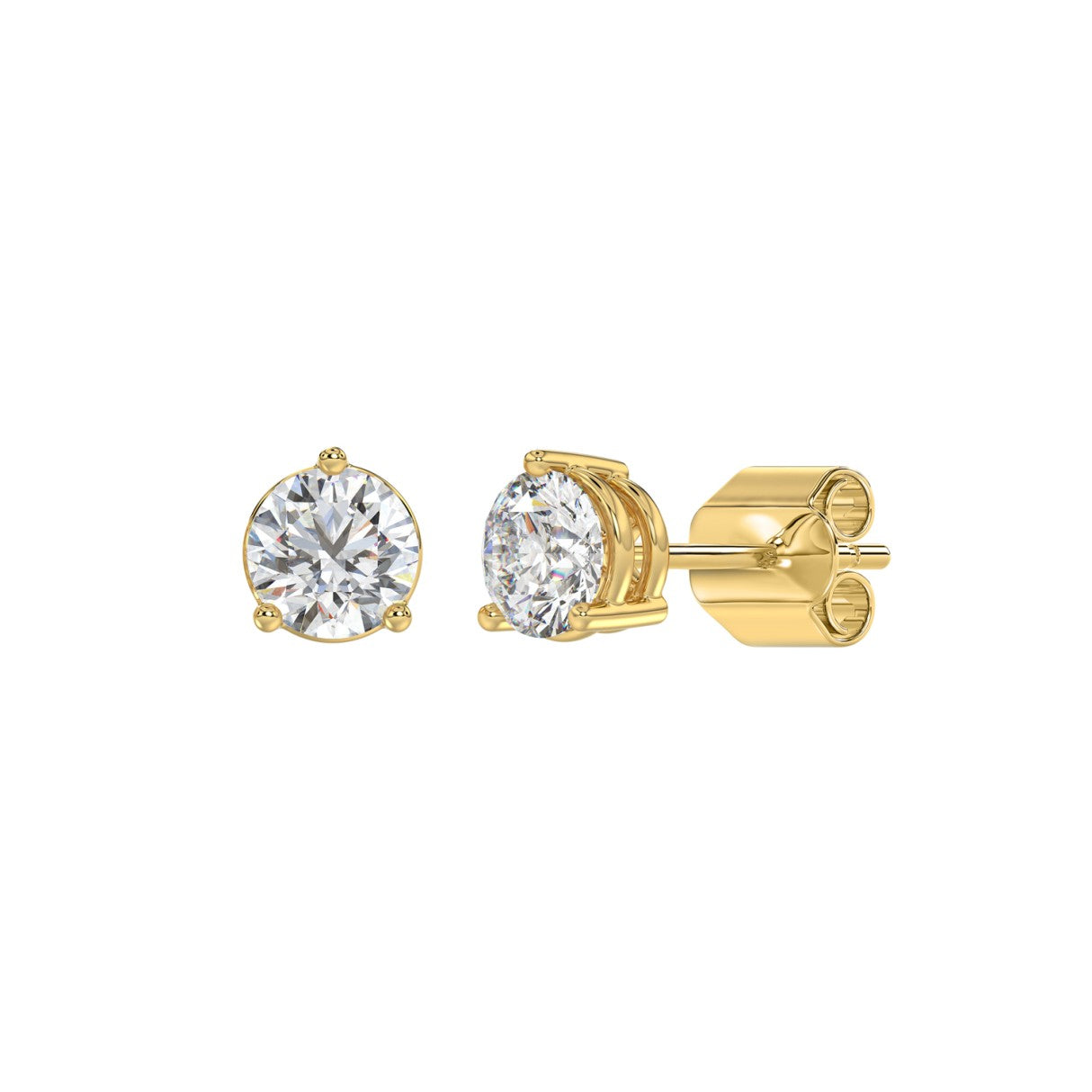 3 Prong Basket Pushback Stud Earrings - 1.5ct - 14K Yellow Gold