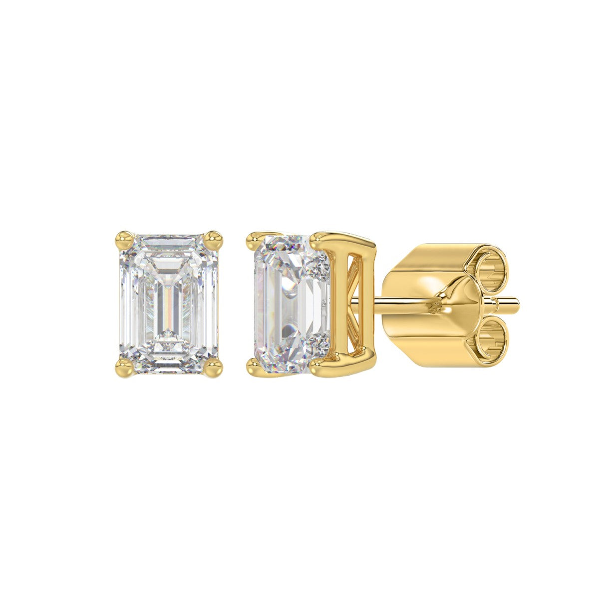 Lab Diamond 4-Prong Emerald Cut Stud Earring - 2ct - 14K Yellow Gold