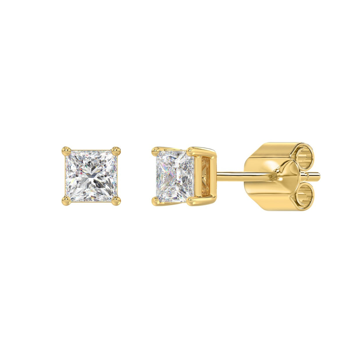 Lab Diamond 4-Prong Princess Stud Earring - 1ct - 14K Yellow Gold