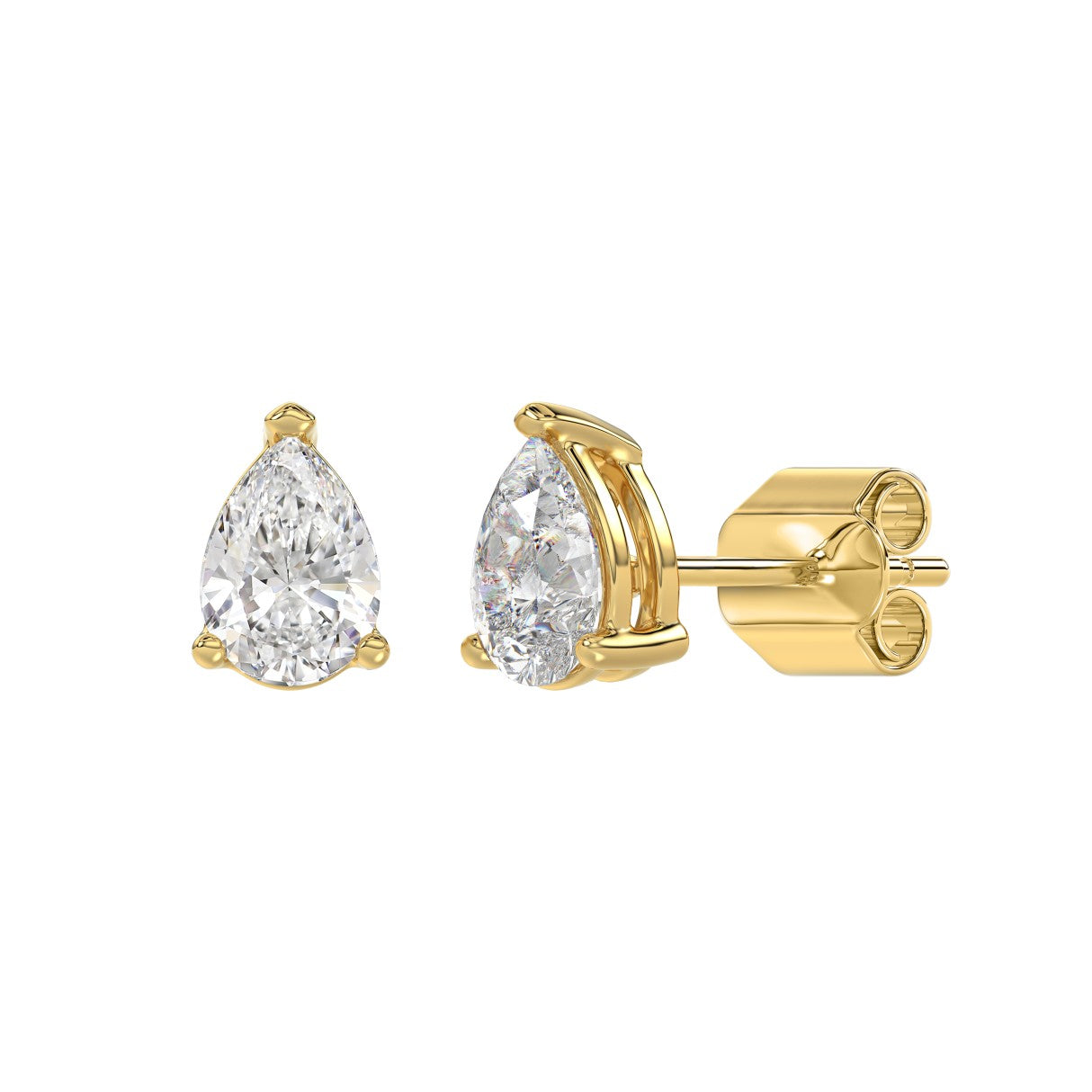 Lab Diamond 3-Prong Pear Stud Earring - 2ct - 14K Yellow Gold