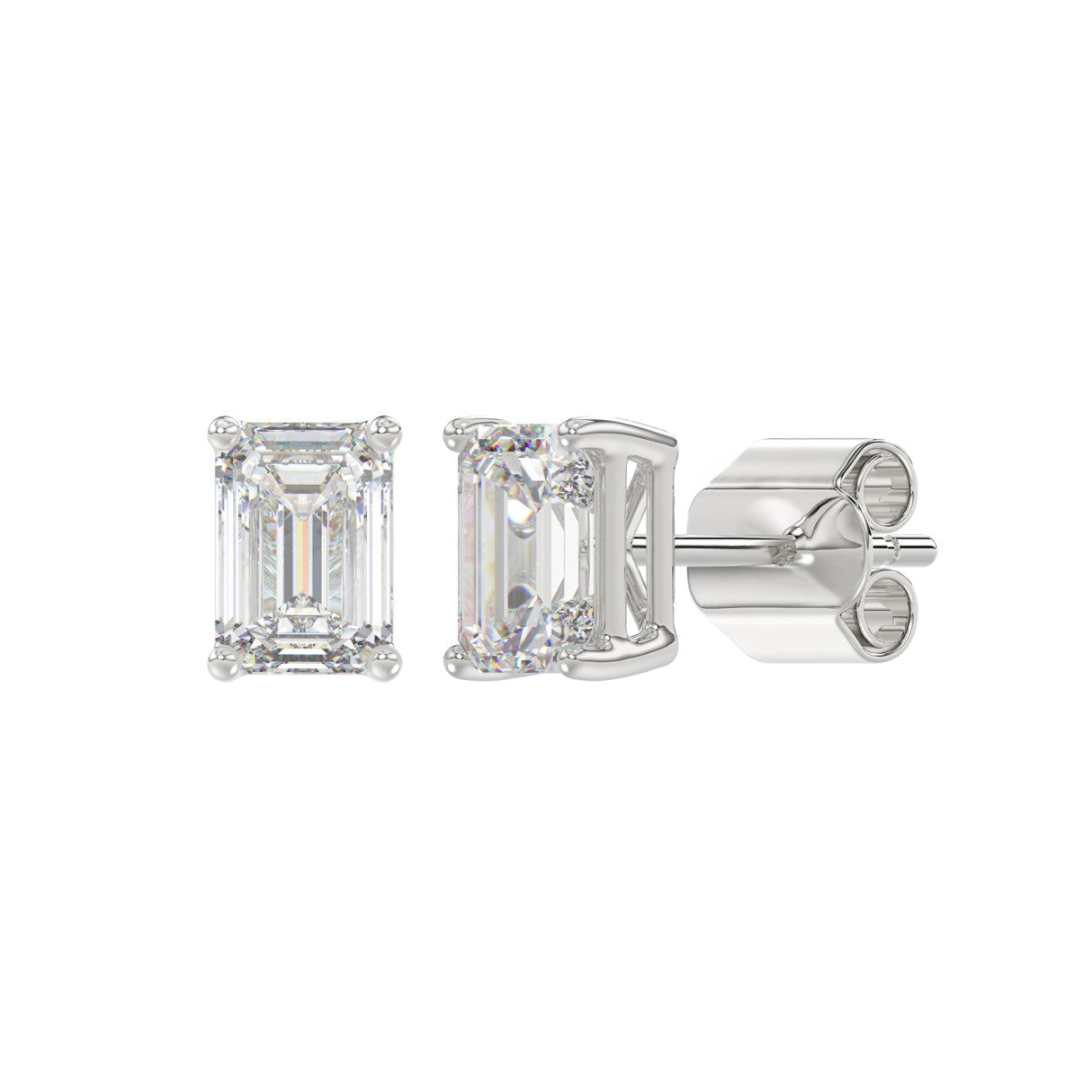 Lab Diamond 4-Prong Emerald Cut Stud Earring - 2ct - 14K White Gold