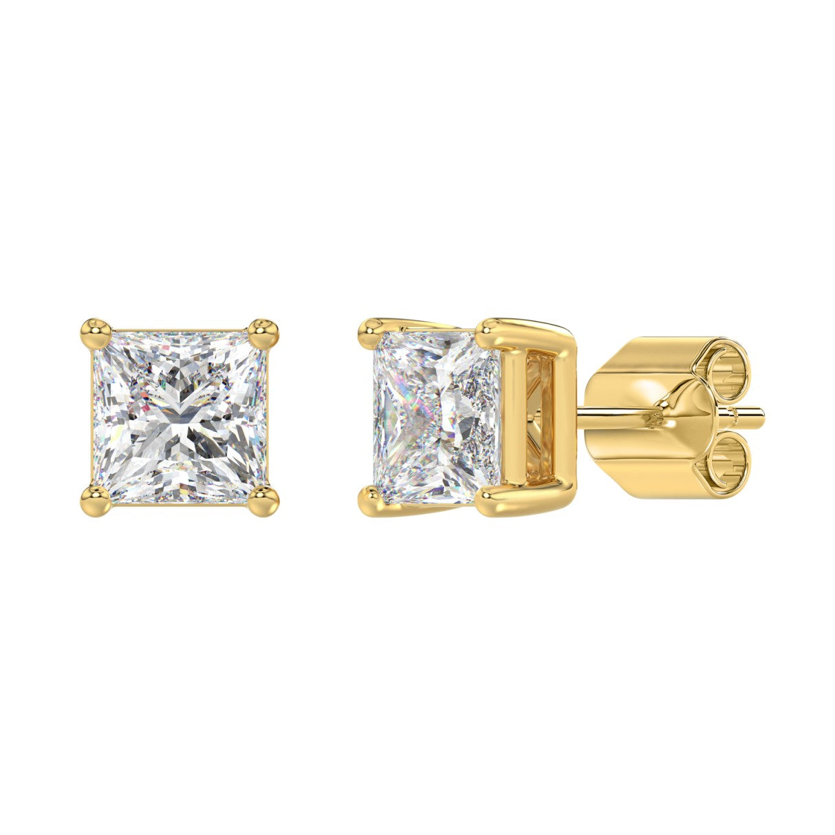 Lab Diamond 4-Prong Princess Stud Earring - 4ct - 14K Yellow Gold