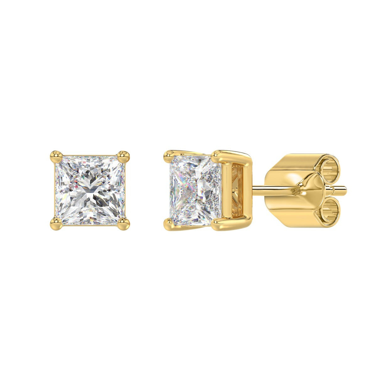 Lab Diamond 4-Prong Princess Stud Earring - 2.5ct - 14K Yellow Gold