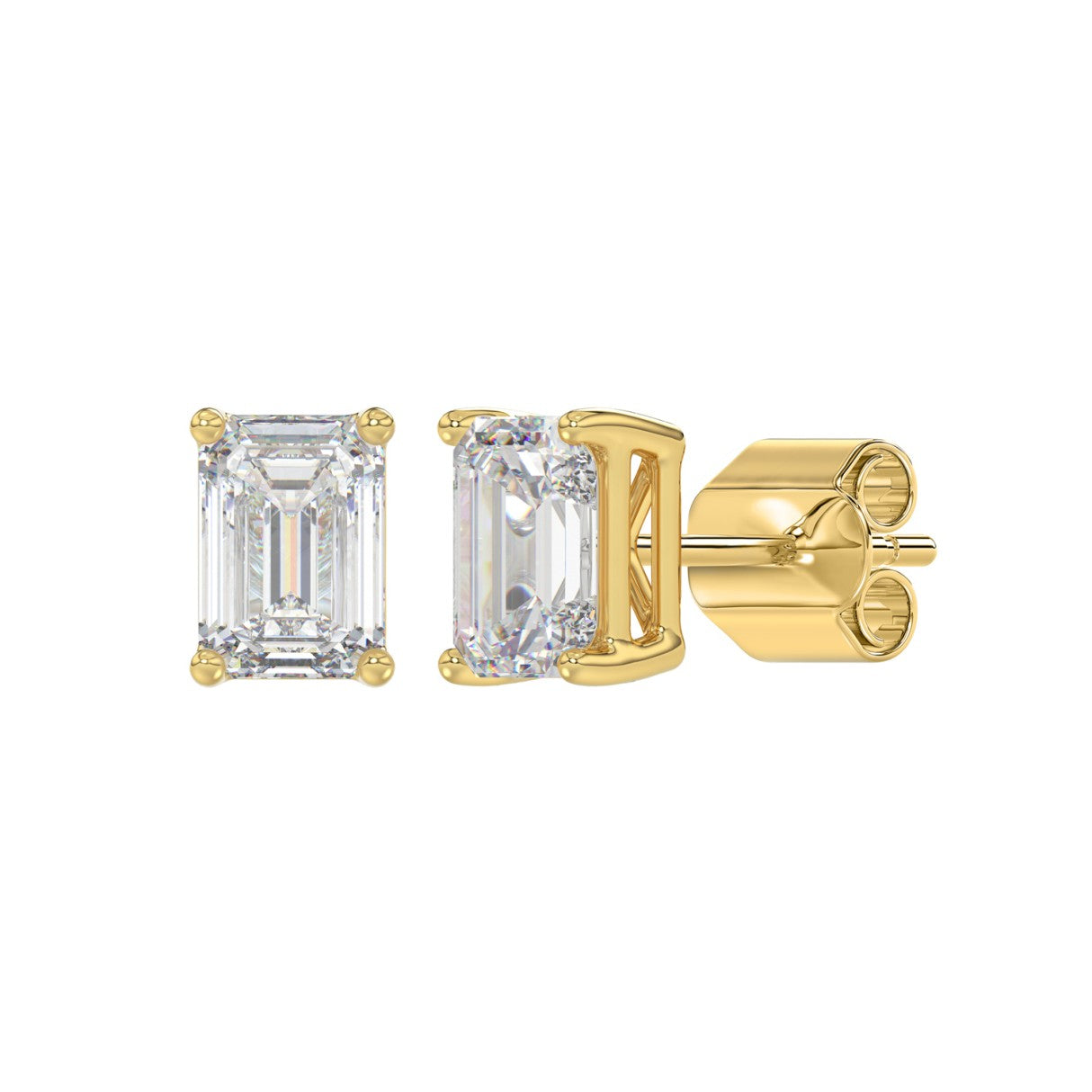Lab Diamond 4-Prong Emerald Cut Stud Earring - 2.5ct - 14K Yellow Gold