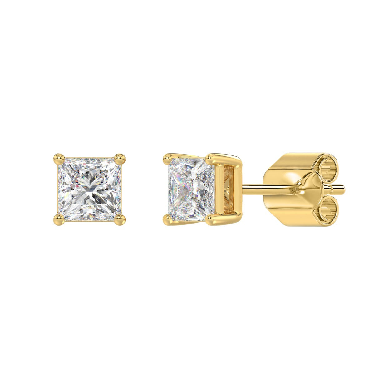 Lab Diamond 4-Prong Princess Stud Earring - 2ct - 14K Yellow Gold