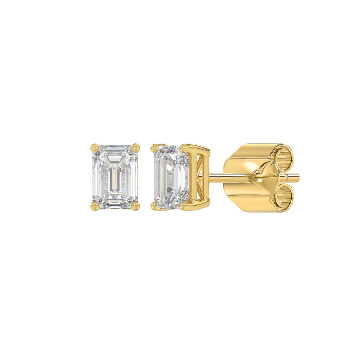 Lab Diamond 4-Prong Emerald Cut Stud Earring - 1ct - 14K Yellow Gold