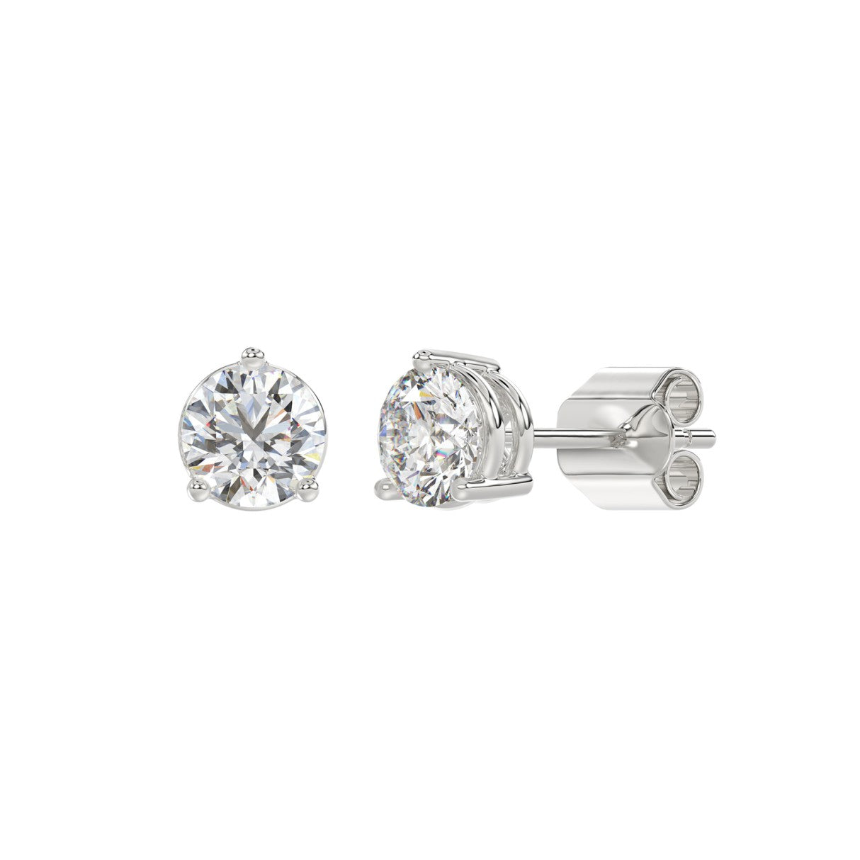 3 Prong Basket Pushback Stud Earrings - 2ct - 14K White Gold