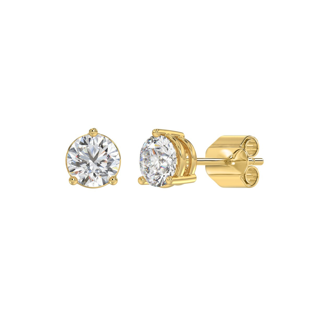 3 Prong Basket Pushback Stud Earrings - 2ct - 14K Yellow Gold