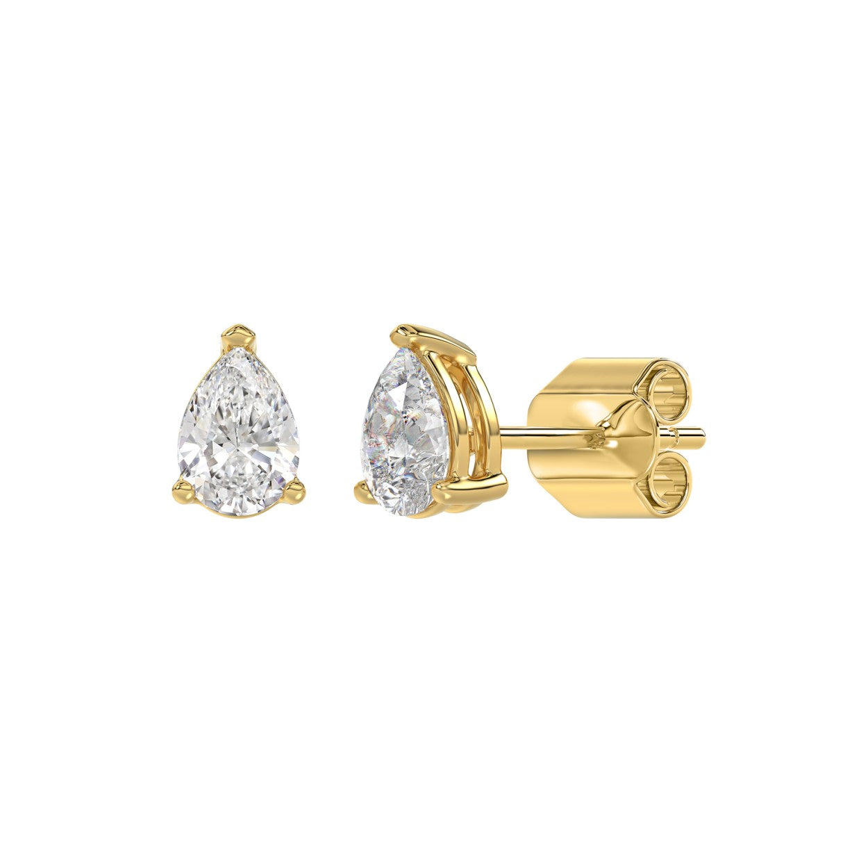 Lab Diamond 3-Prong Pear Stud Earring - 1ct - 14K Yellow Gold