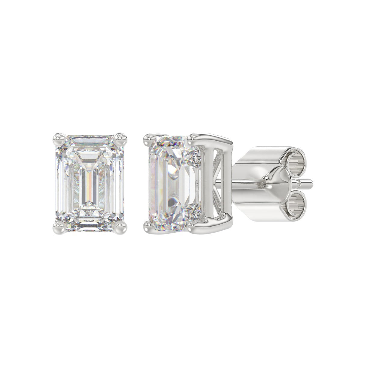 Lab Diamond 4-Prong Emerald Cut Stud Earring - 4ct - 14K White Gold