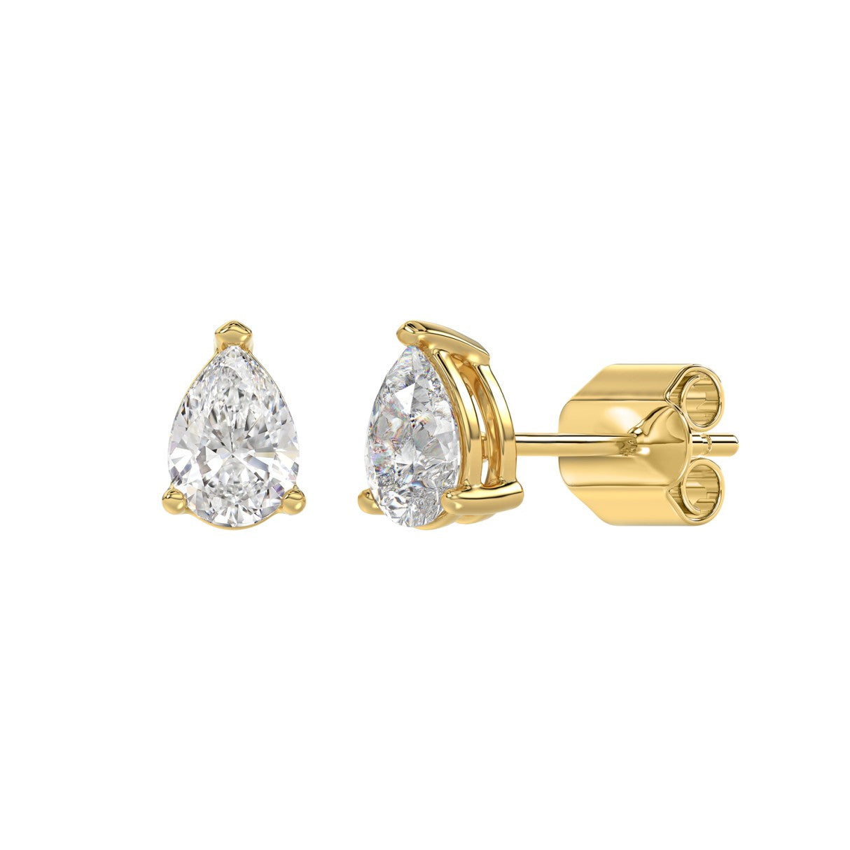 Lab Diamond 3-Prong Pear Stud Earring - 1.5ct - 14K Yellow Gold