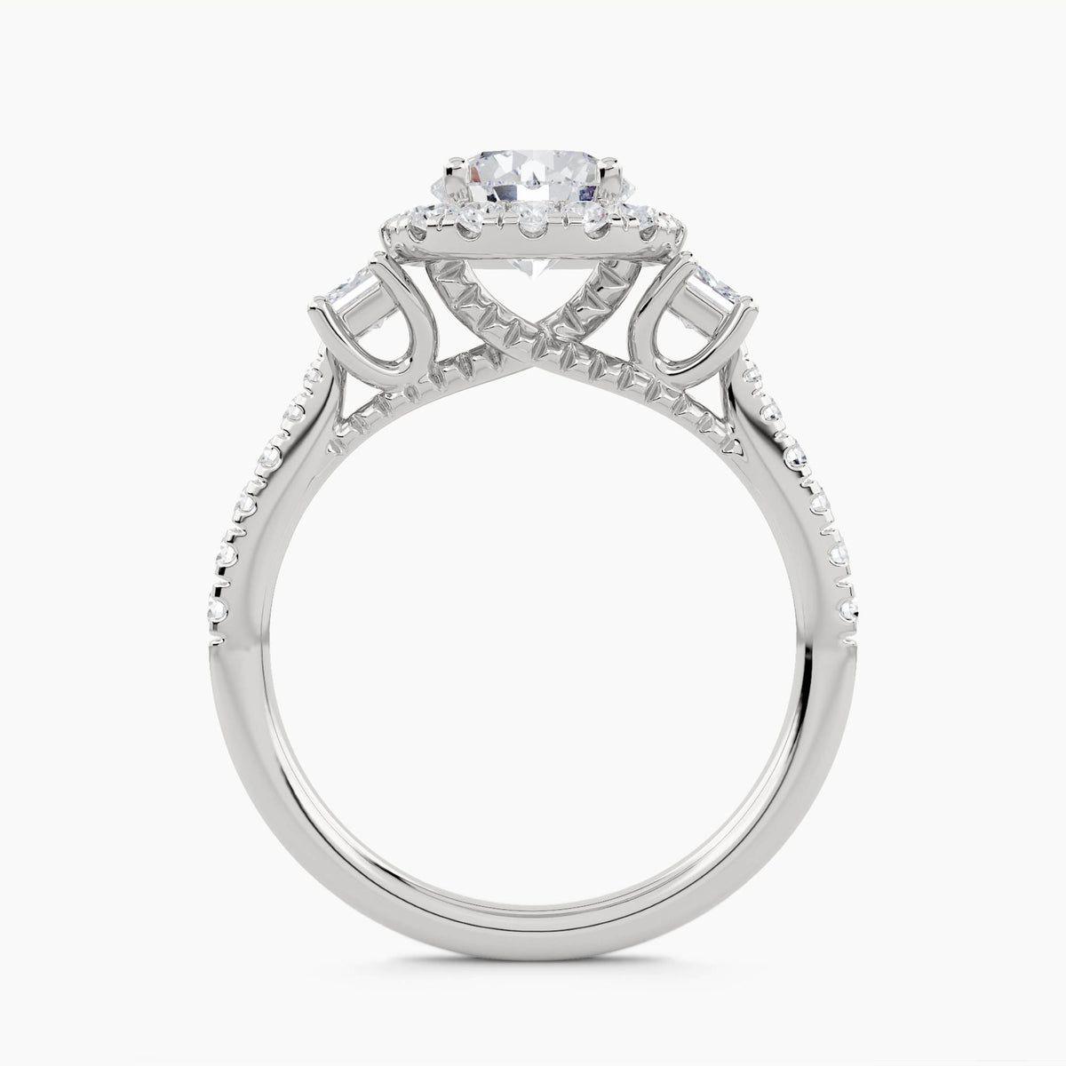 Halo Ring with Princess-Cut Side Stones and Pavé Shank, front view