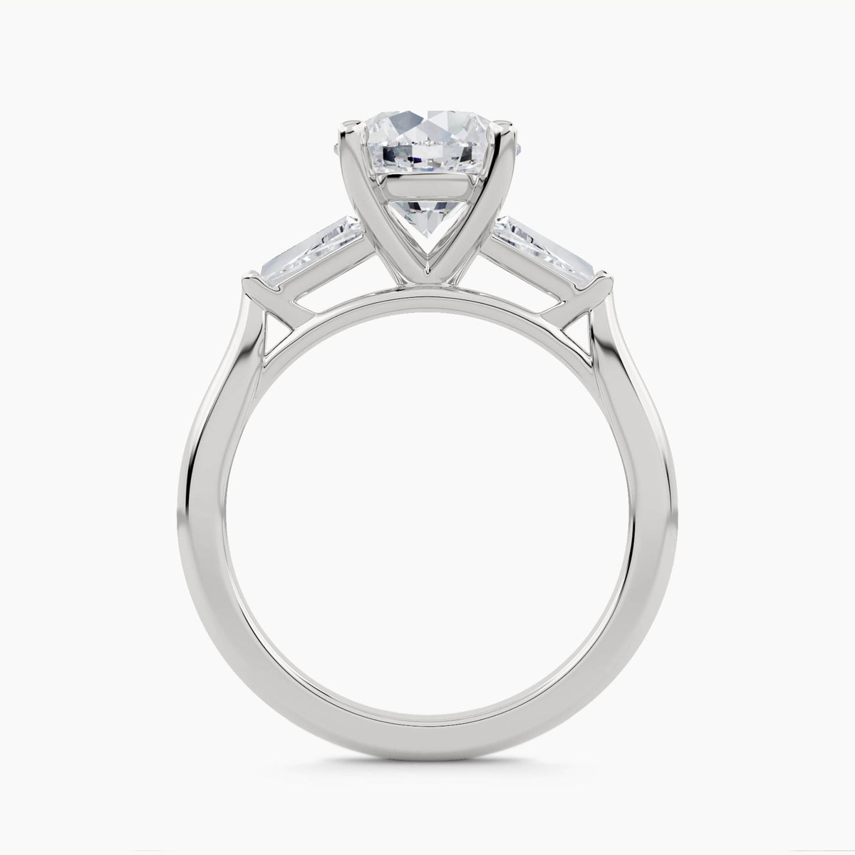 Three-Stone Ring with Tapered Baguette Side Stones, front view